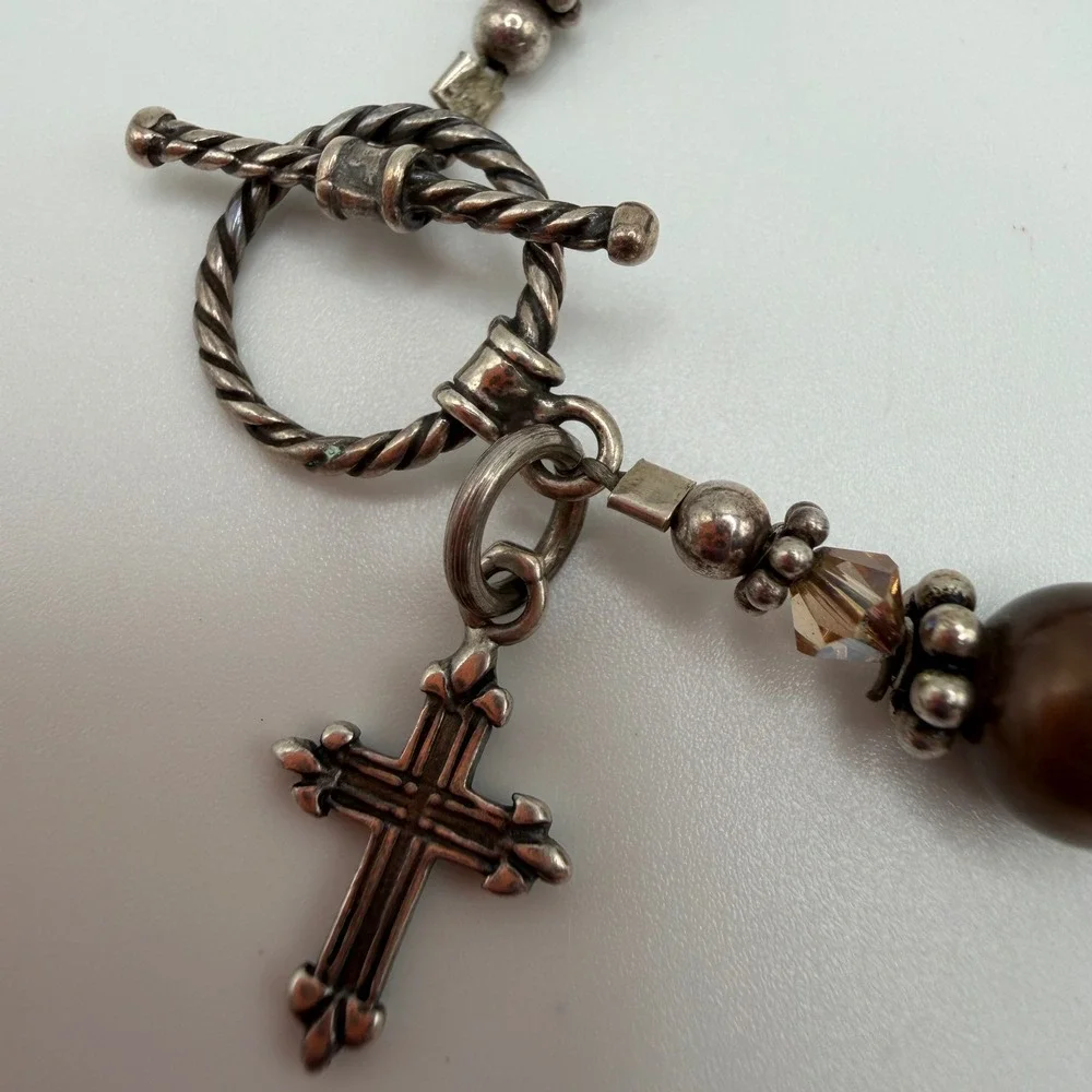 Vintage Style Beaded Cross Toggle Bracelet Cream Pearl Amber Crystal Silver Tone